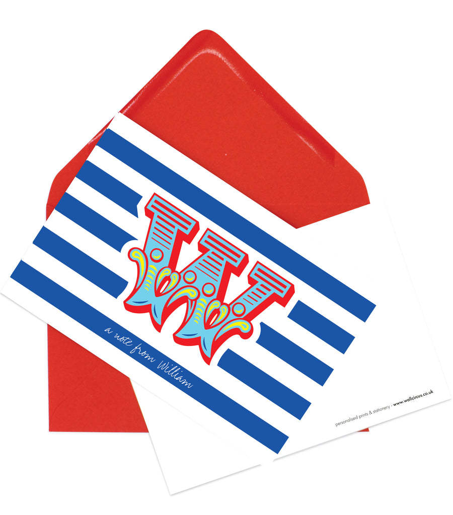 A6 'Circus Monogram' Blue & Red, - Personalised Postcard Pack - WILLIAM - Blank