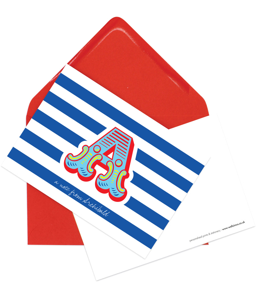 A6 'Circus Monogram' Blue & Red, - Personalised Postcard Pack - ARCHIBALD - Blank