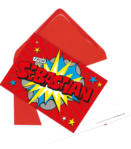 A6 'Comic Hero' Red - Personalised Postcard Pack - SEBASTIAN - Lined